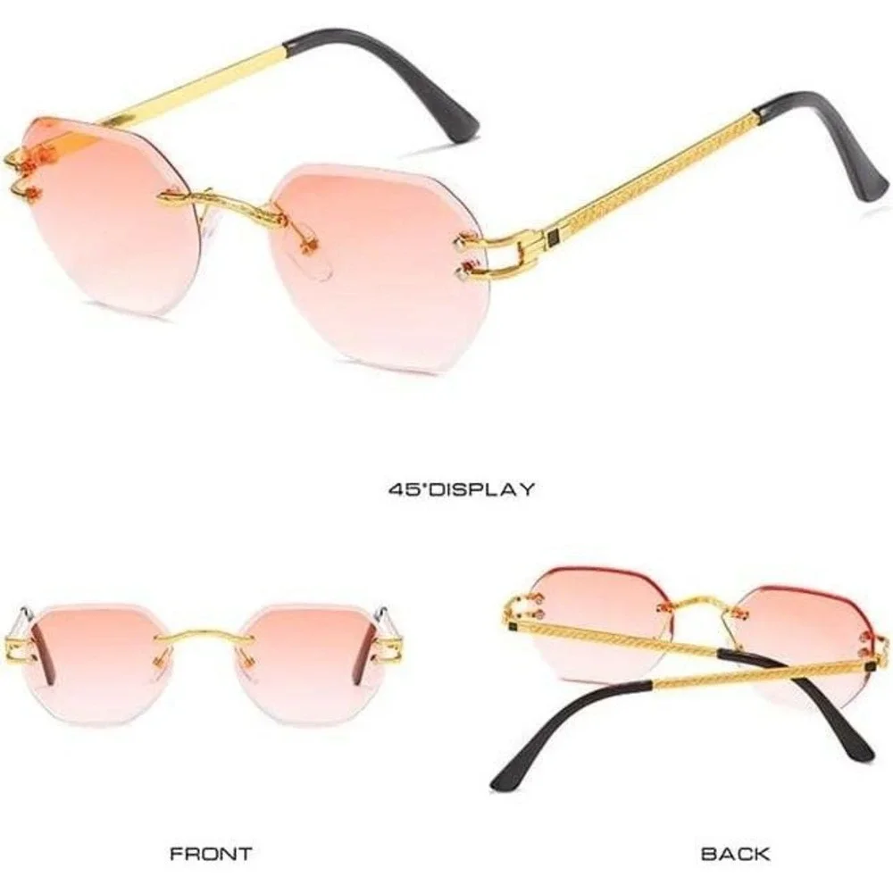 Men Sunglasses Pink Lens Rimless Diamond Cut Gold Frame UV400 Protect Hip Hop
